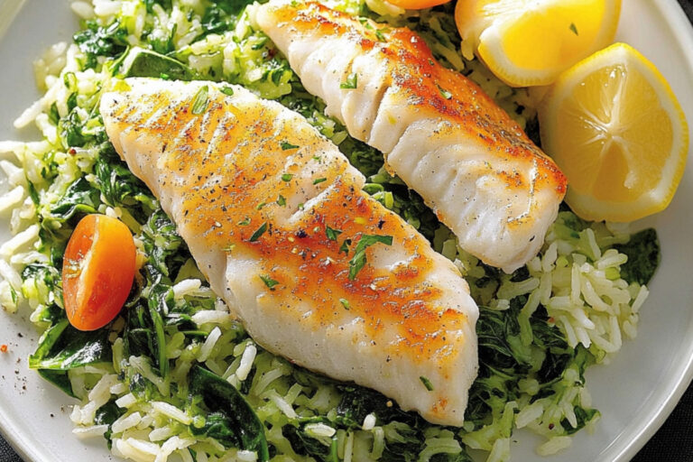 Arroz verde con espinacas y pescado