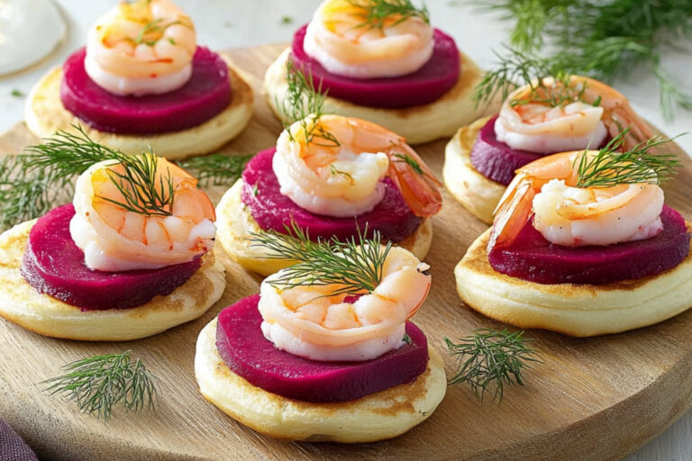 Blinis de camarones y remolacha