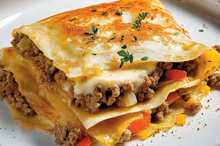 Crepes saladas apiladas con carne