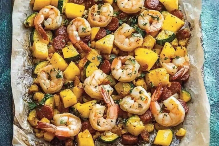 Crevettes con chorizo y mango