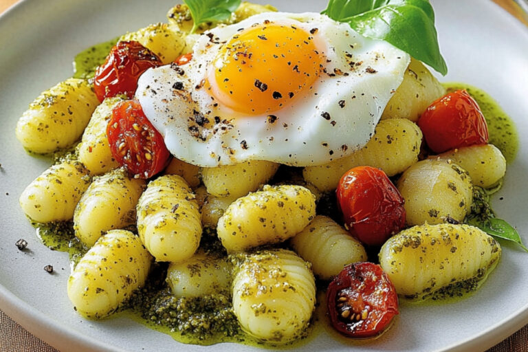 Gnocchis al pesto y huevos poché