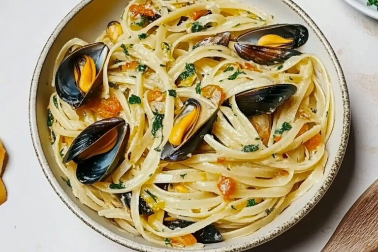 Linguine con mejillones al ajo