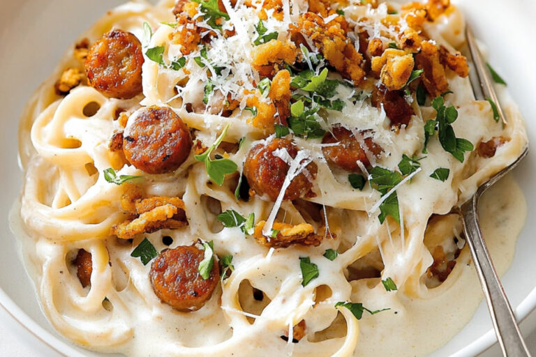 Linguines cremosos con salchicha