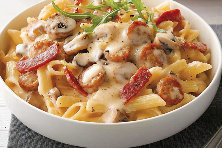 Pasta cremosa con salchichas