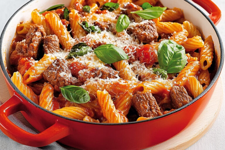 Pasta única con carne y salsa