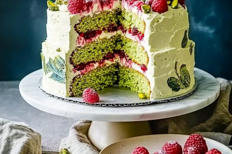Pastel de capas de frambuesa y pistacho