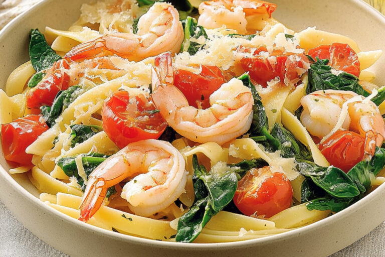 Pennes con camarones y espinacas