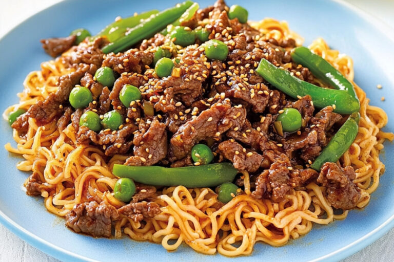 Ramen de carne molida y guisantes