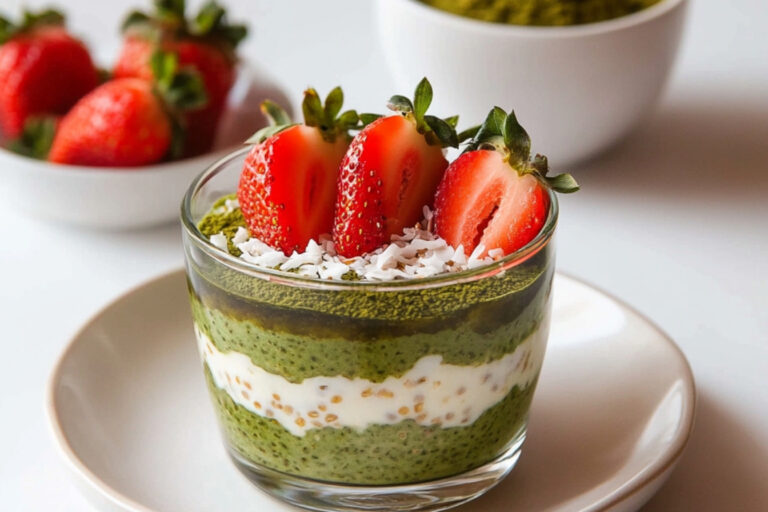 Avena nocturna de fresa y matcha deliciosa