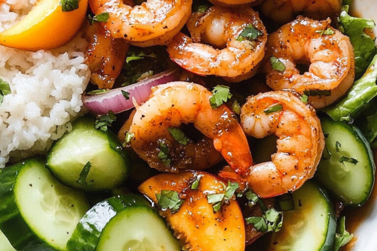 Camarones picantes con ensalada de durazno deliciosa