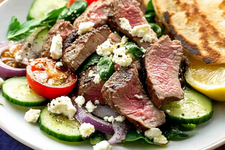 Cena rápida de cordero griego y ensalada deliciosa