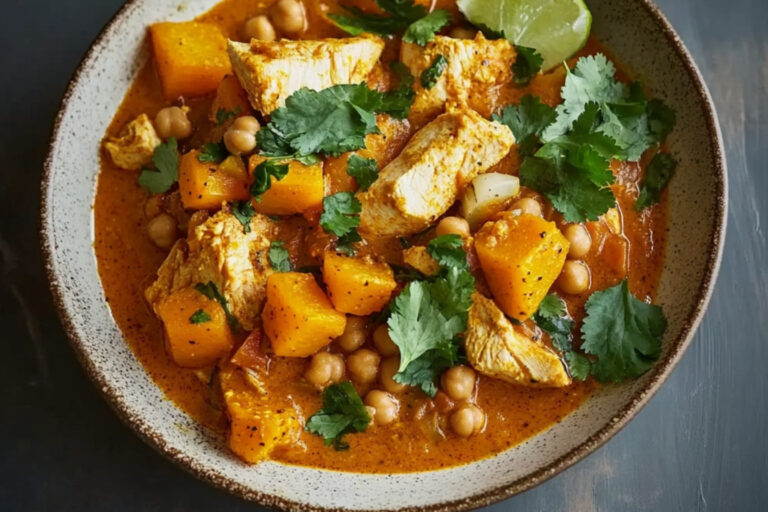 Curry suave de pollo, garbanzos y calabaza
