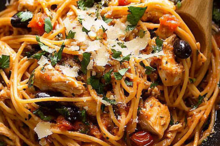 Deliciosa Espagueti Siciliano con Pollo Asado