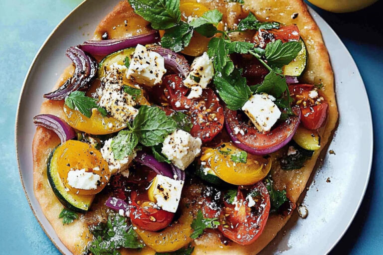 Deliciosa flatbread de verduras mediterráneas al aire