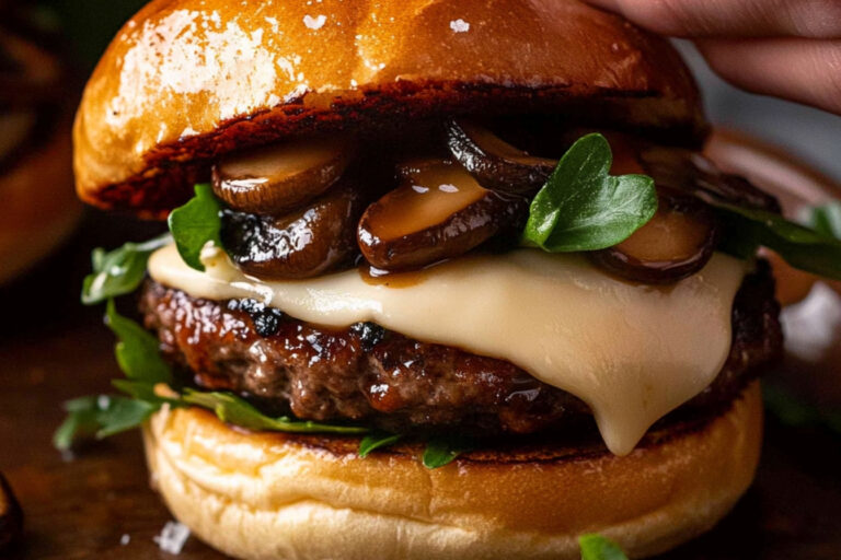 Deliciosa hamburguesa suiza con champiñones