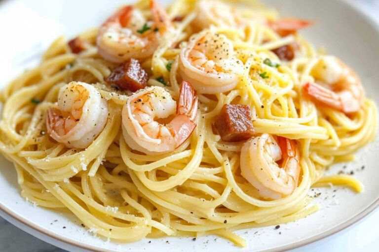Deliciosa pasta carbonara con camarones irresistibles