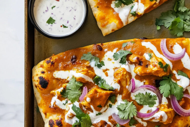 Deliciosa pizza de naan con pollo al curry