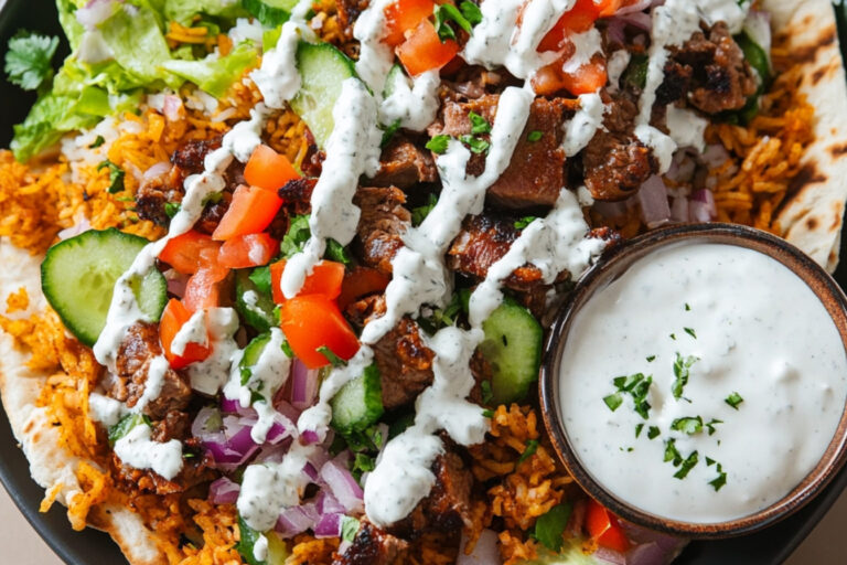 Delicioso cordero sobre arroz al estilo halal
