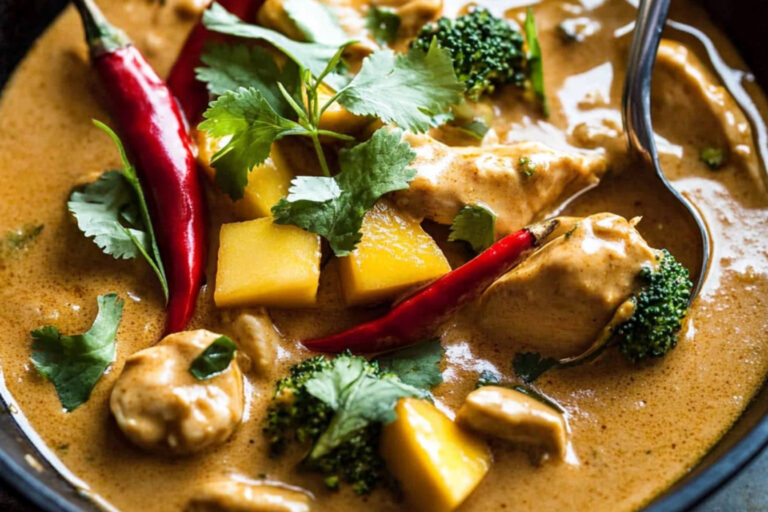 Delicioso curry rojo tailandés con pollo y mango