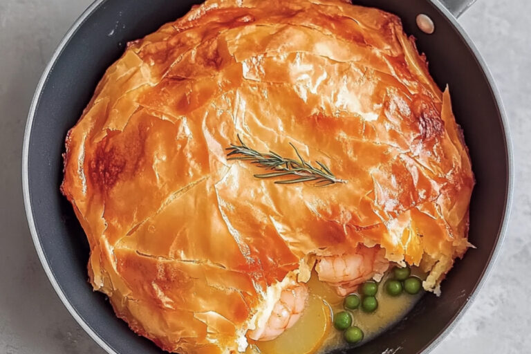Delicioso pastel de salmón y langostinos en sartén