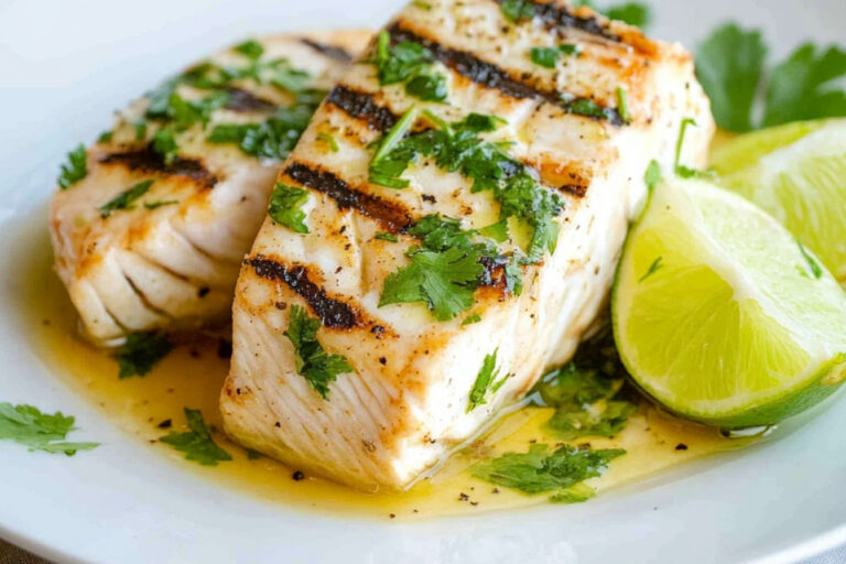 Delicioso pez espada a la parrilla con cilantro