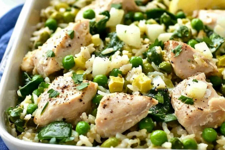 Delicioso pilaf de pollo y verduras verdes