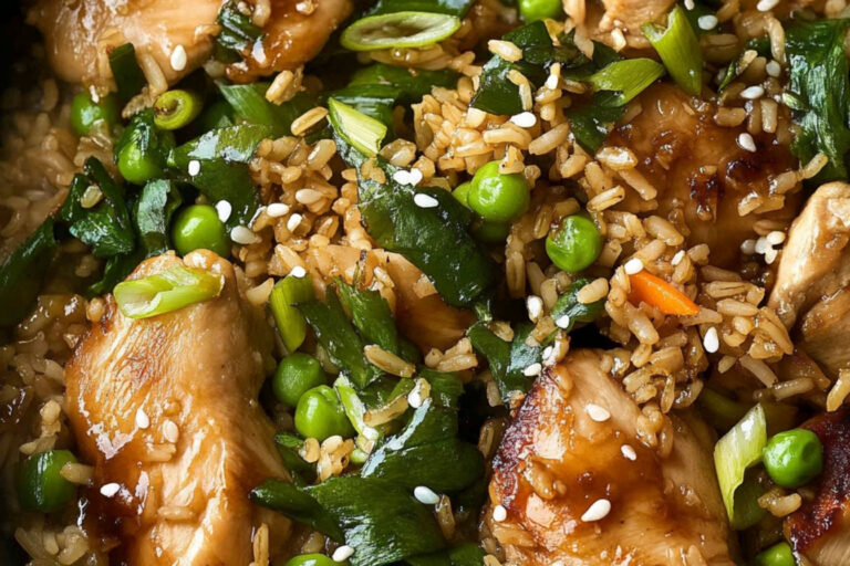 Delicioso pollo chino y arroz en una sola olla