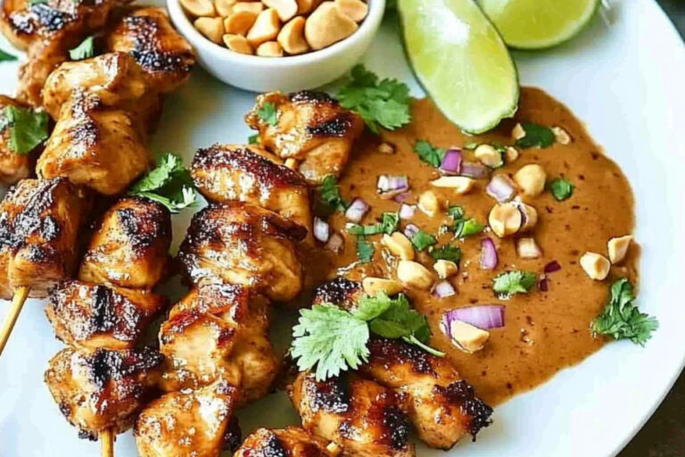 Delicioso pollo satay con salsa de cacahuate