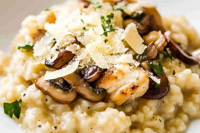 Delicioso risotto de pollo y champiñones