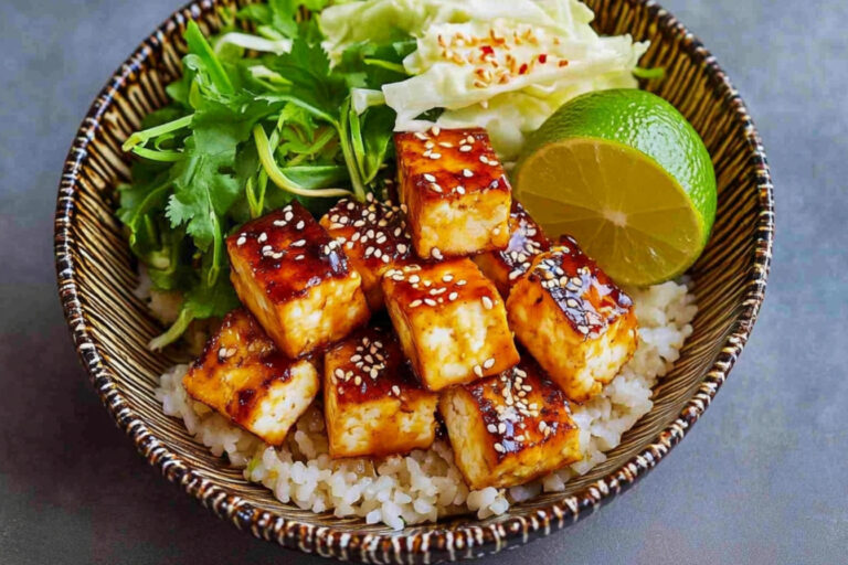 Delicioso tazón de arroz con tofu estilo katsu