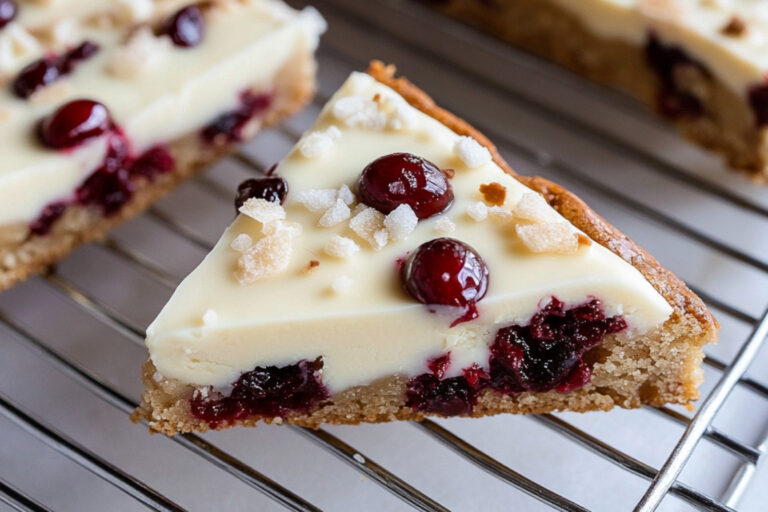 Deliciosos blondies de chocolate blanco y arándanos