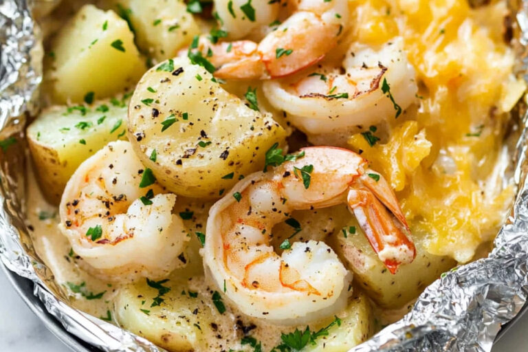 Deliciosos camarones cremosos en papas al horno