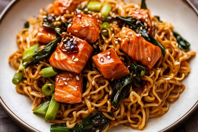 Deliciosos fideos con salmón teriyaki al instante