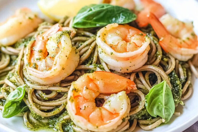 Deliciosos fideos soba con camarones y pesto
