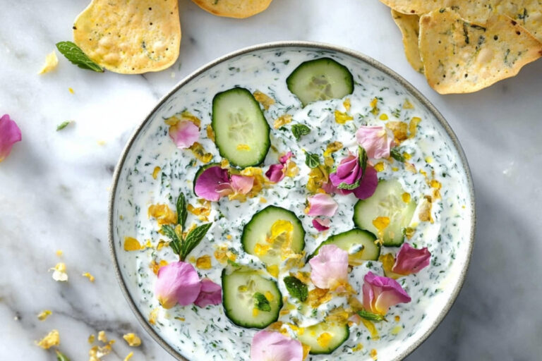 Dip fresco de pepino con menta y rosa