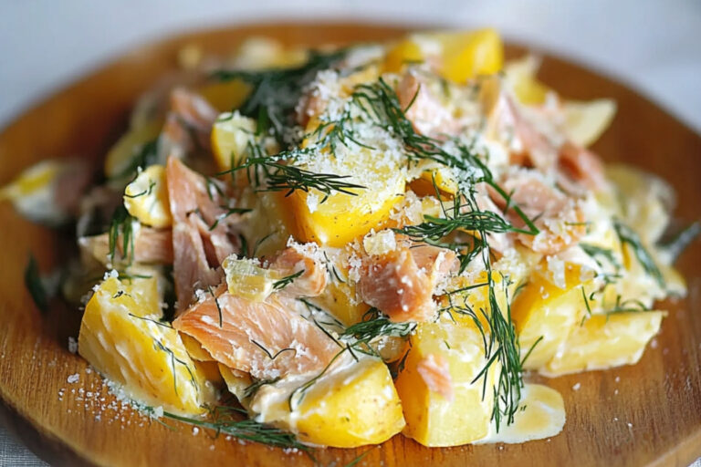 Ensalada de patatas con trucha ahumada y rábanos