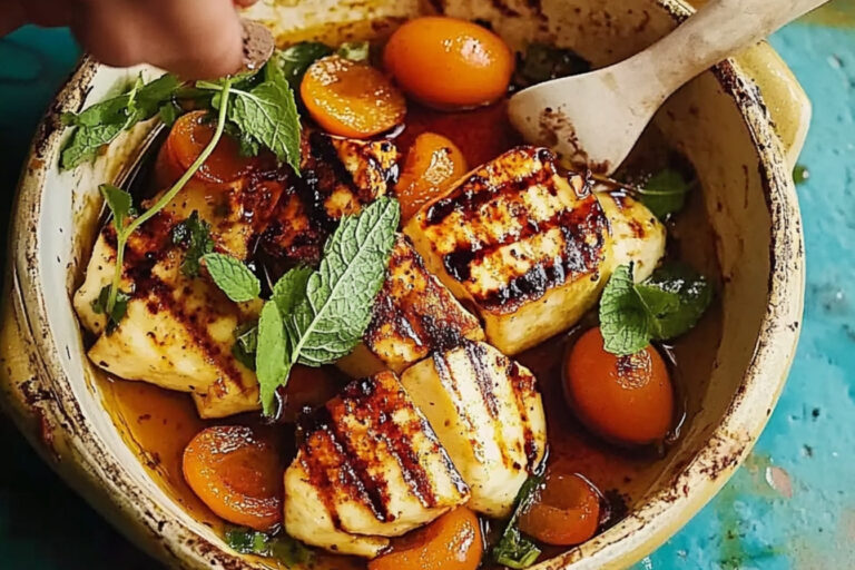 Halloumi a la parrilla con albaricoques