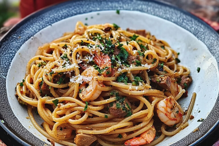 Linguini con gambas y atún