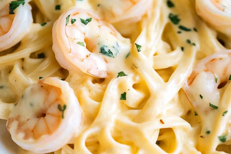 Pasta cremosa con gambas al ajo deliciosa