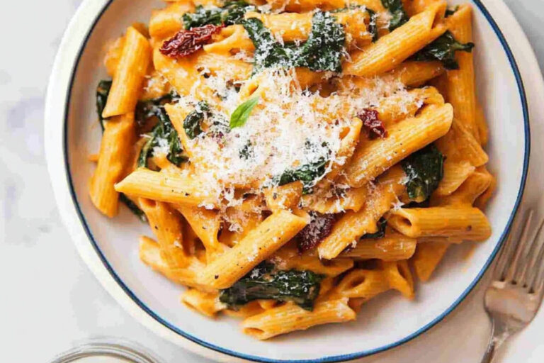 Pasta cremosa con tomates secos y albahaca