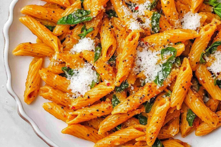 Pasta deliciosa con pimientos rojos asados