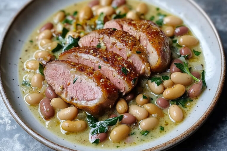 Pechuga de pato crujiente con frijoles cremosos