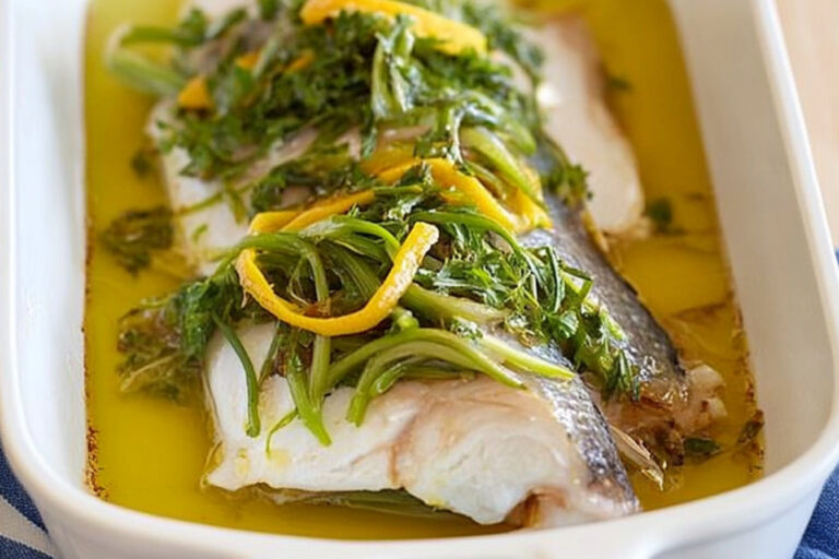 Pescado al horno con cebolla y naranja