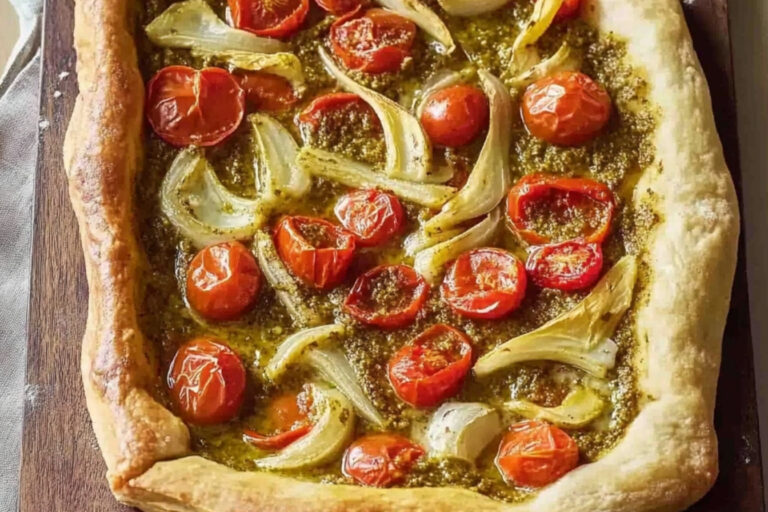 Pizza al pesto fácil y deliciosa en bandeja
