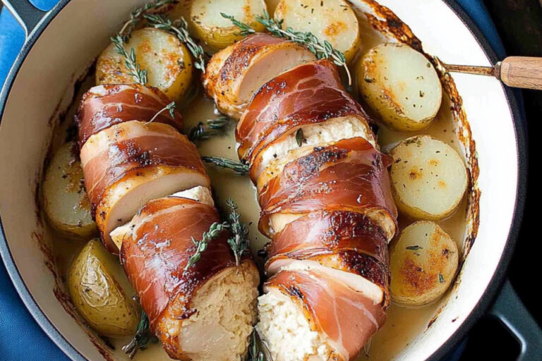 Pollo Ricotta envuelto en prosciutto con papas scalloped