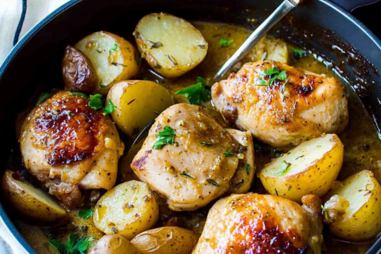 Pollo a la miel y mostaza con patatas deliciosas