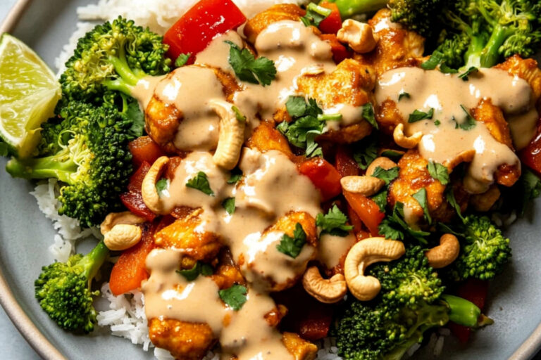 Pollo al curry rojo con salsa de anacardos