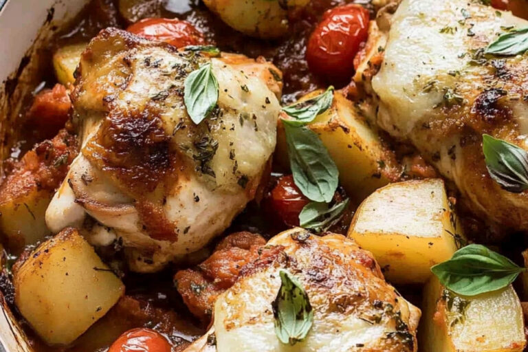 Pollo al horno con patatas y tomates cherry