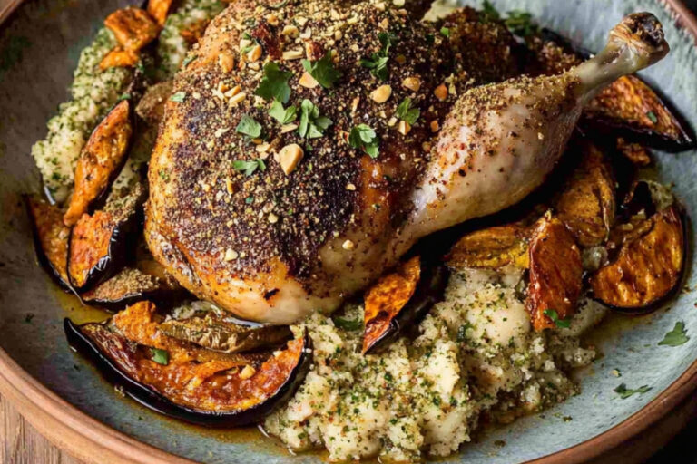Pollo asado con dukkah y berenjena aplastada