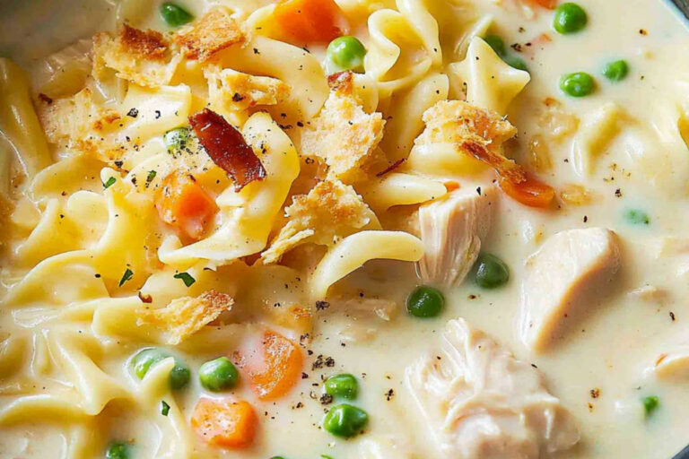 Sopa cremosa de pollo y fideos irresistible
